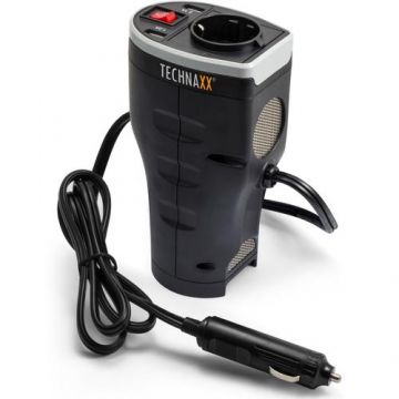 Invertor de tensiune Technaxx TE13, 200W, alimentare 12V, iesire 230V, 2xUSB-A, siguranta 20A (Negru)