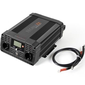 Invertor de tensiune Technaxx TE22, 2000W, alimentare 12V, iesire 230V, display LCD, USB-A, USB-C (Negru)