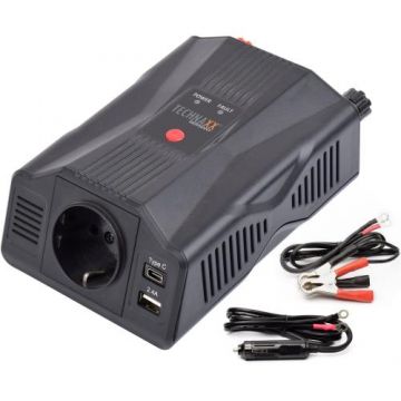 Invertor de tensiune Technaxx TE24, 300W, alimentare 12V, iesire 230V, USB-A, USB-C (Negru)